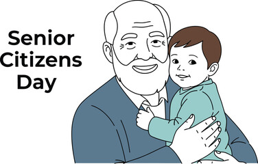 Vector art of a line drawing of a grandfather holding his grandchild to celebrate senior citizens day isolated on white background