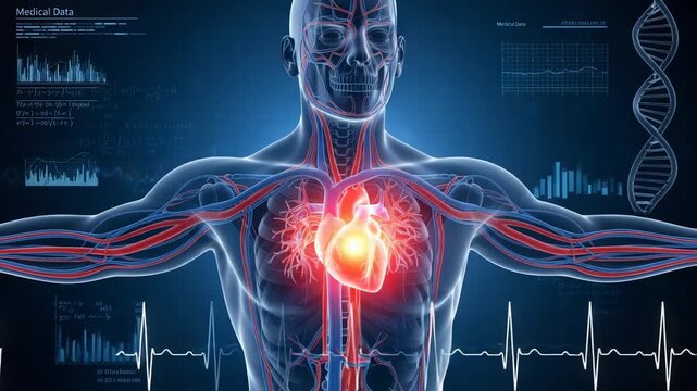 A futuristic digital visualization of the human circulatory system, highlighting the beating heart and intricate network of blood vessels against a dark blue background with medical data and dna helix - Powered by Adobe