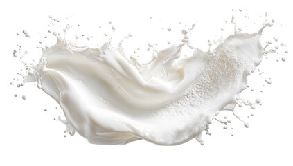 Milk splash, creamy white liquid in a dynamic, flowing splatter pattern against a black background
