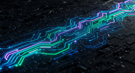 Glowing Circuit Board: Futuristic Tech with Neon Lines and Dark Background.