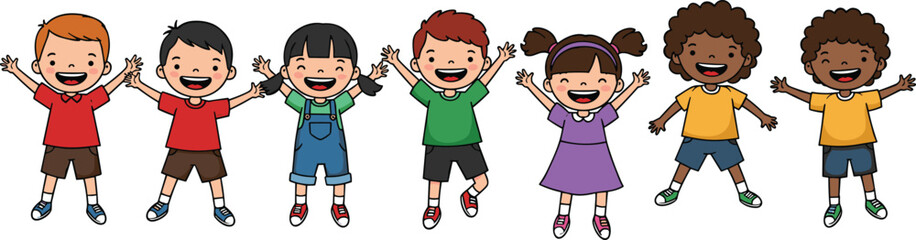 Happy Diverse Group of Cartoon Kids with Raised Hands – Joyful Children Characters for School, Play, and Educational Themes