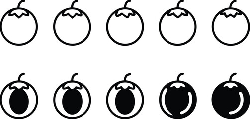 Mangosteen Fruit Line Art and Silhouette Icon Set