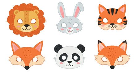 Cute animal masks for kids. Vector set of lion, rabbit, tiger, fox, and panda faces for a fun carnival or birthday party costume.