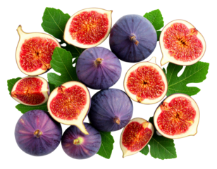 Fresh Whole and Halved Ripe Figs with Green Leaves, realistic top view, isolated on white background PNG