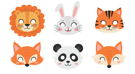 Obraz premium A vibrant set of illustrated animal face masks perfect for a kids' party or carnival. This collection features a lion, tiger, rabbit, fox, and panda.