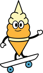 Whimsical ice cream cone character joyfully skateboarding with vibrant colors and bold typography
