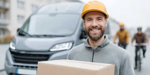 Man wearing a yellow helmet is smiling and holding a cardboard box