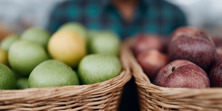 Two baskets of fruit, one with green apples and one with red apples