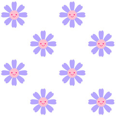 Seamless Retro Positive Flower.Pink smile face and purple flower.Happy and fun.Simple repeat ornament.Surface for textile.Decoration for fabric or cloth.Cute wrapping paper.Vector illustration.