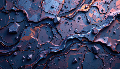 High quality abstract texture featuring flowing lines and geometric shapes in shades of blue, purple, and copper. design evokes sense of depth and movement, creating visually striking composition