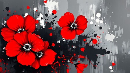 Bold red poppies painting against a grungy gray and black background with splatter effects