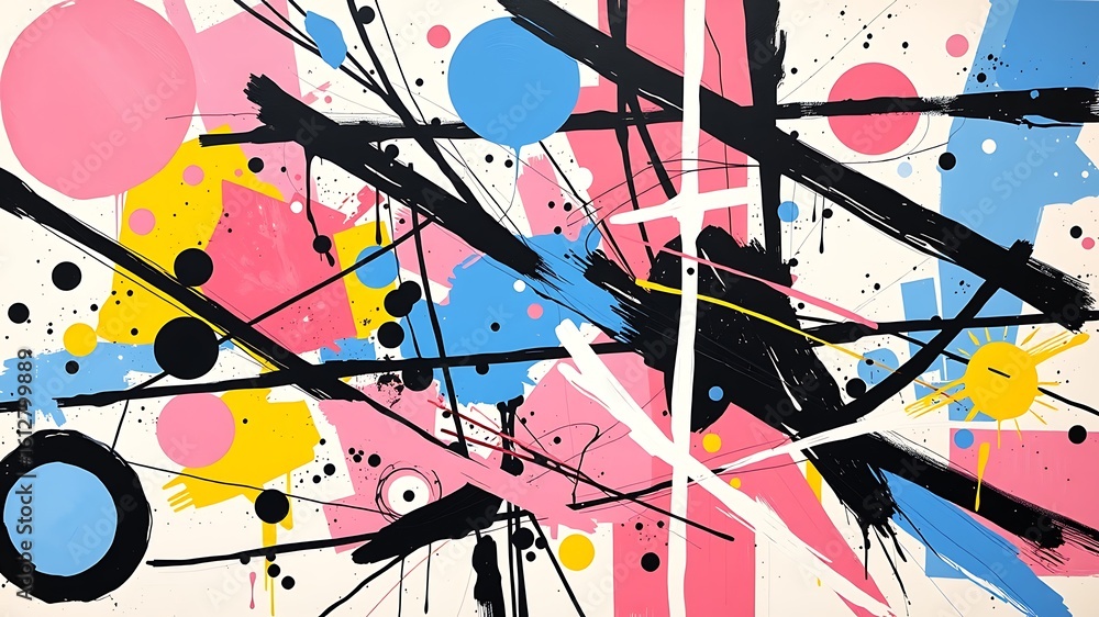 Poster colorful abstract composition with dynamic shapes and brushstrokes on a white background