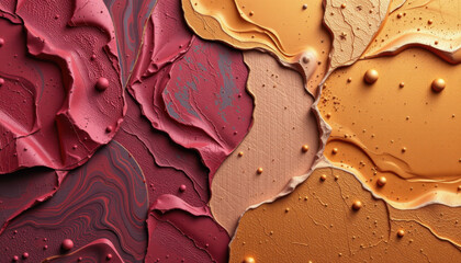 High quality abstract texture featuring layers of red, orange, and beige paint with glossy finish. composition showcases smooth curves and raised droplets, creating visually striking effect