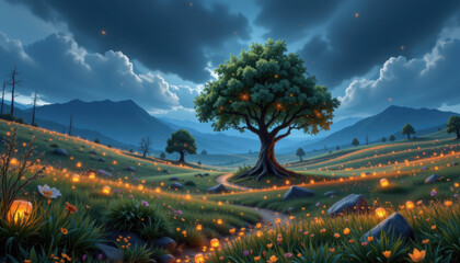 Serene landscape featuring large tree surrounded by glowing fireflies, rolling hills, and distant mountains under twilight sky. scene evokes sense of tranquility and wonder
