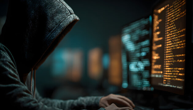 Hacker in a dark room programming malicious code on a computer screen with lines of data