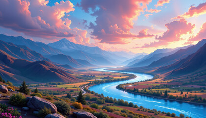 Vibrant fantasy landscape featuring winding river surrounded by majestic mountains and lush valleys. scene is illuminated by colorful sunset, creating serene and picturesque atmosphere