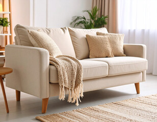 Cozy living room sofa interior modern house furniture closeup stylish couch decor with textile fabric in warm environment