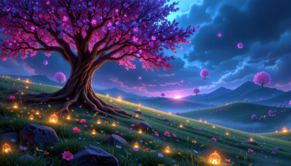 Vibrant landscape features majestic tree with pink blossoms, illuminated by glowing lanterns scattered across lush green field. scene is set against twilight sky filled with soft clouds