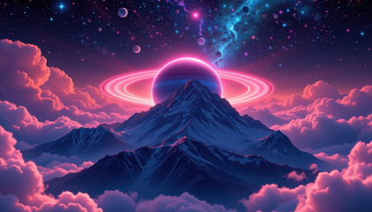 Vibrant cosmic scene featuring colorful planet with rings, set against backdrop of majestic mountains and fluffy clouds. atmosphere is filled with stars and distant celestial bodies, creating