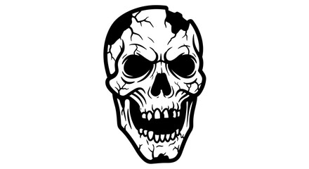 Fototapeta premium Terrifying undead zombie skull illustration in a bold black and white graphic style. A menacing symbol of death, fear, and horror.