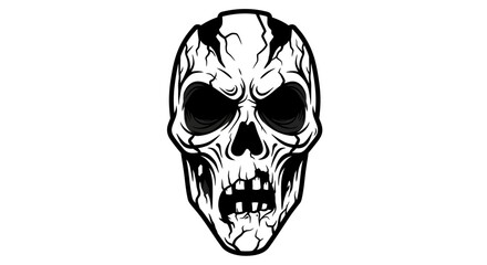 Fototapeta premium Menacing zombie skull head illustration in black and white. Vector graphic of a scary undead monster for a horror theme.