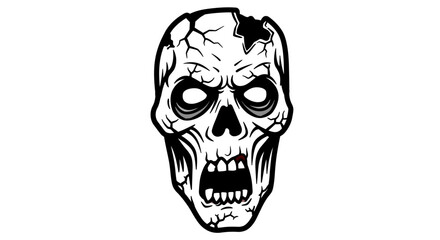 Fototapeta premium Monochrome vector illustration of a terrifying zombie skull. A menacing undead head with a cracked cranium and aggressive expression, isolated.