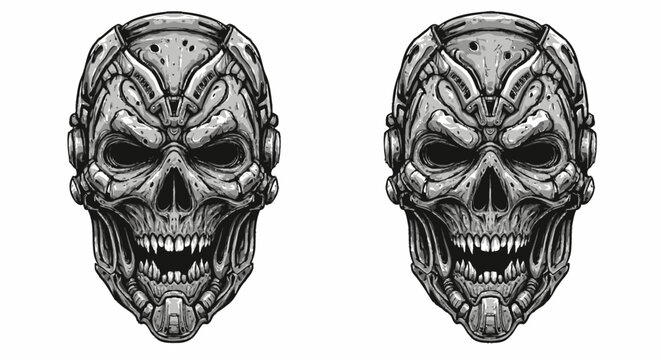 Menacing cybernetic skull illustration. Futuristic robotic demon head with biomechanical details for a dark sci-fi concept.