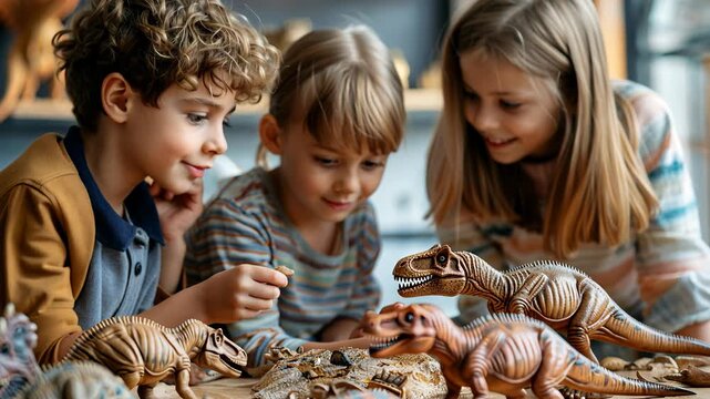 selective focus on children studying fossil replicas during a hands-on paleontology lesson - Powered by Adobe