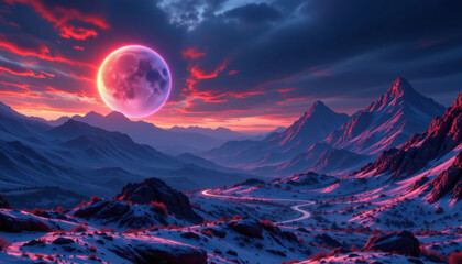 Stunning twilight planetscape featuring large, glowing moon illuminating dramatic mountain range. vibrant colors of sky blend beautifully with landscape, creating serene yet captivating atmosphere