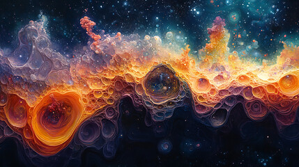 Artistic representation of biogenesis with radiant color flow in cellular soup 