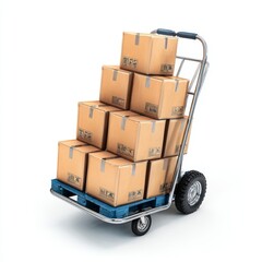 A stack of cardboard boxes on a hand truck, ready for transport