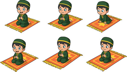 Muslim Boy Cartoon in Prayer Poses – Islamic Child Character Practicing Salah on Prayer Mat for Educational and Cultural Projects