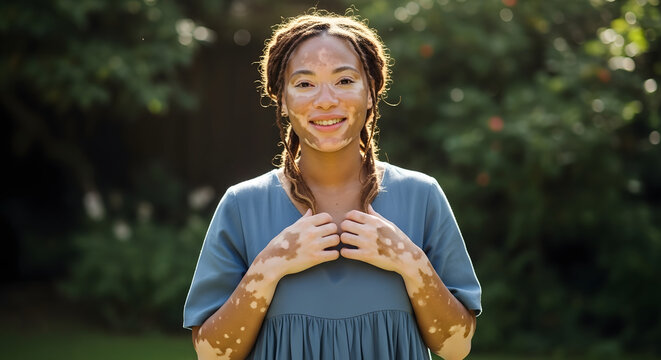 A beautiful and confident young woman with vitiligo smiles in a sunlit garden embracing her unique skin.