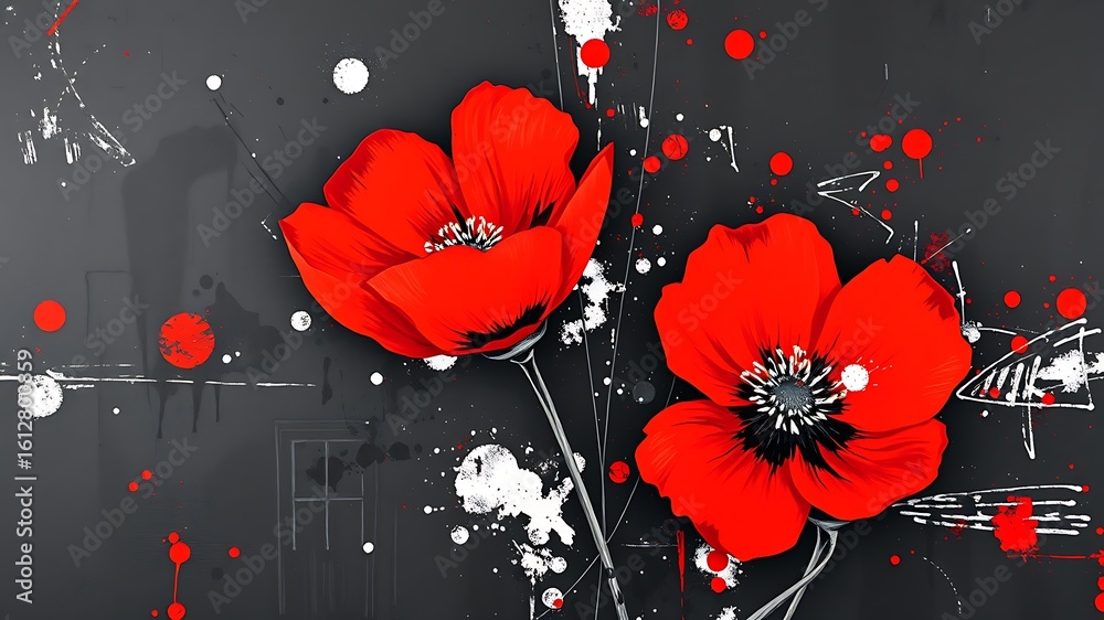 Poster two vibrant red poppies against a modern abstract backdrop with splatter effect