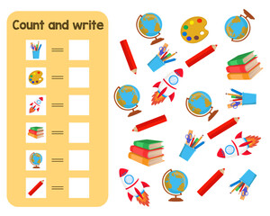 Acitivity game for preschool kids Count and write with school elements and supplies