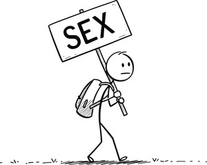 Sad Stick Figure Carrying “SEX” Sign – Cartoon Concept Reflecting Emotional Awareness, Social Commentary, and Modern Lifestyle Illustration