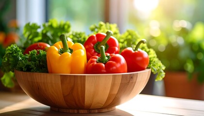 Vibrant bell peppers and leafy greens in a rustic wooden bowl, bathed in sunlight