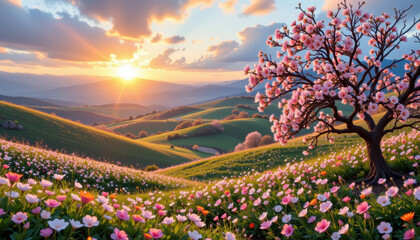 Vibrant landscape features blooming tree surrounded by colorful flowers under stunning sunset. scene evokes sense of tranquility and beauty, perfect for nature lovers