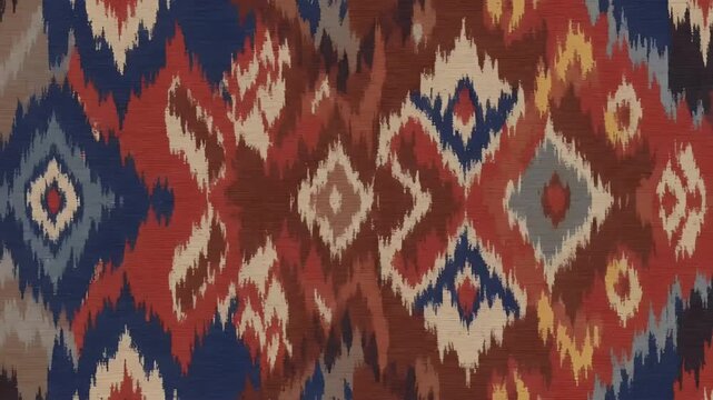 This footage showcases a detailed textile pattern featuring ikat dyeing technique.