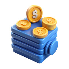 Stack of blue coins with gold coins on top isolated on transparent background