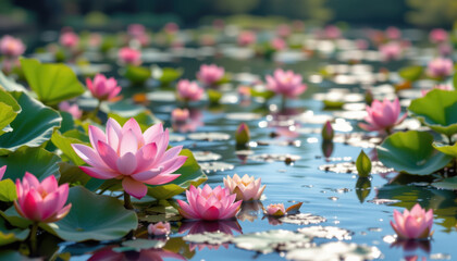 Serene lotus pond filled with vibrant pink lotus flowers floating gracefully on water surface, surrounded by lush green leaves, creating tranquil and magical atmosphere