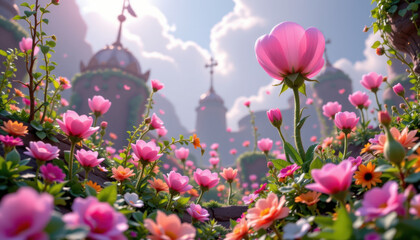 Vibrant garden filled with colorful flowers, including pink blooms, creates whimsical atmosphere. scene features lush greenery and enchanting structures background, evoking sense of wonder