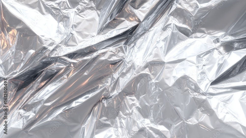 Poster brightly lit setting showcases a close-up of crumpled aluminum foil, creating dynamic patterns and r