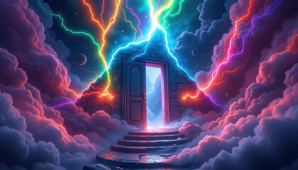 Mystical floating doorway emerges from vibrant clouds, illuminated by colorful lightning bolts. scene evokes sense of wonder and adventure, inviting exploration into unknown