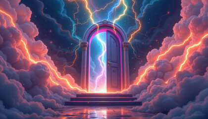 Floating doorway surrounded by vibrant clouds and dramatic lightning creates surreal atmosphere. scene evokes sense of wonder and mystery, inviting exploration into unknown