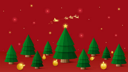 Christmas night with santa flying over pine trees and golden ornaments. Festive red backdrop with glowing lights, perfect for holiday greeting cards, website banners, or seasonal promotions