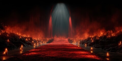 Dramatic stage with glowing red pathways and flickering lights, evoking an intense atmosphere for a live performance