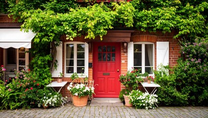 Charming red door in a garden alleyway