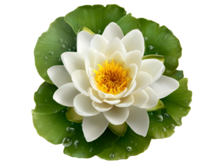 Water lily blossom with dew drops on green pads, Isolated On White Background, Png Transparent