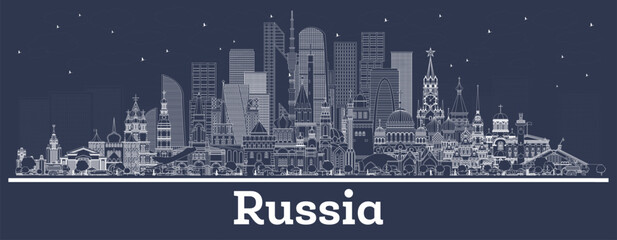 Outline Russia City Skyline with white Buildings. Illustration. Tourism Concept with Historic Architecture. Russia Cityscape with Landmarks. Moscow. Saint Petersburg. Yekaterinburg.